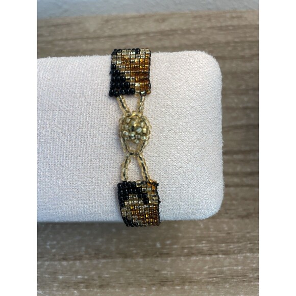 Southwestern Wave Delicate Beaded Bracelet Black Gold Brown - Picture 4 of 7